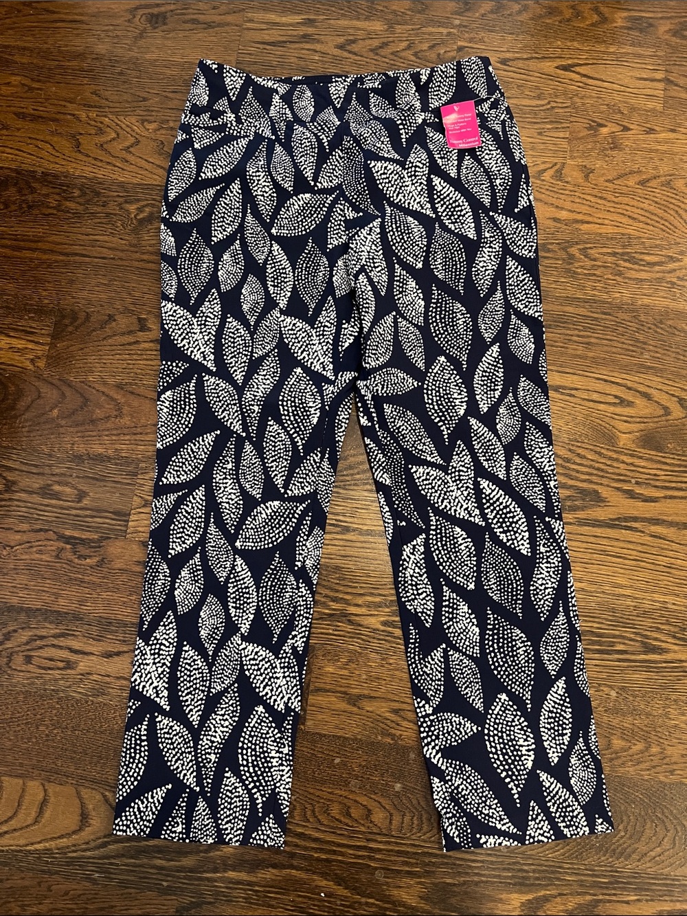 Kim Rogers Millennium Navy Blue and White Leaf-Print Pull-On Pants